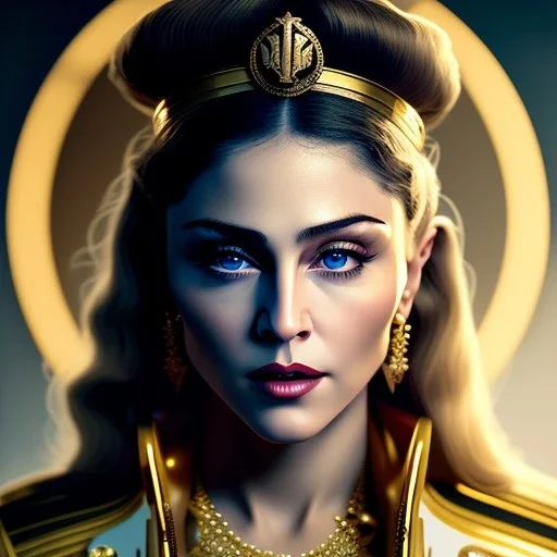 Madonna portrait, Greg Rutkowski, Zabrocki, Karlkka, Jayison Devadas, trending on Artstation, 8K, ultra wide angle, zenith view, pincushion lens effect