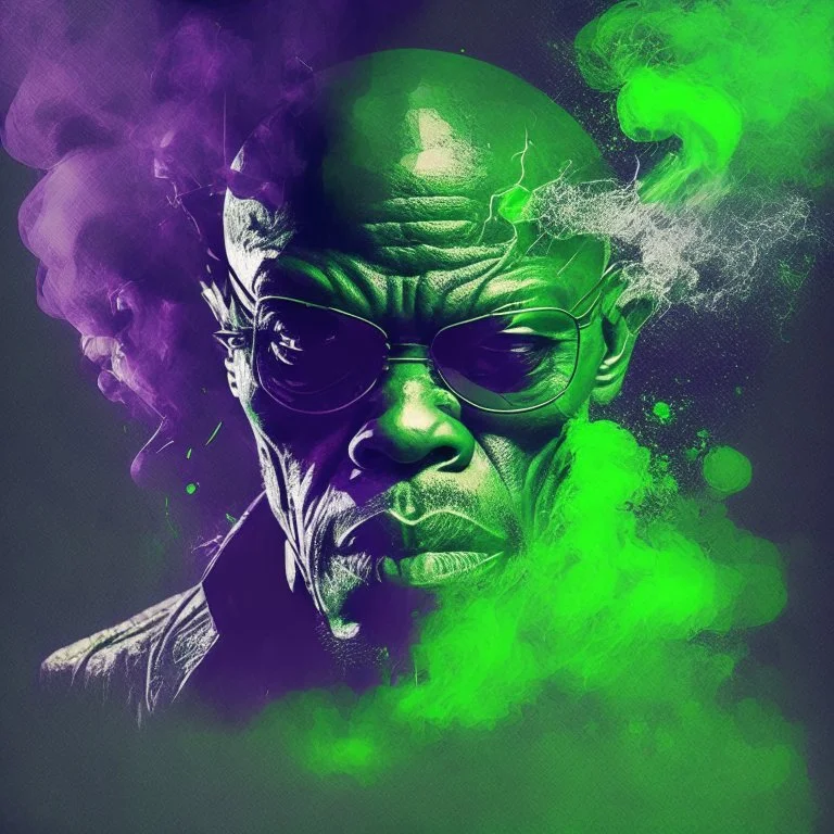 Yung Samuel l jackson, mutando en un skrull, depresive green abstract digital art obscure smoke london dramatic