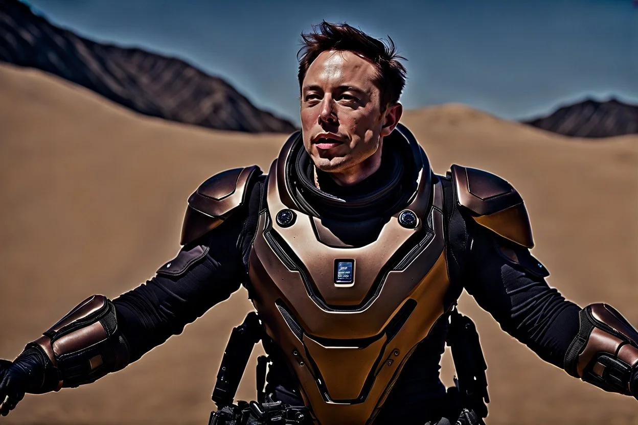 Elon Musk in Dune, Hyper detailed, Realistic, Extreme depth of field, bokeh blur, Alberta all-natural, National Geographic, in the style of candid, imperfection, natural lighting, cinematic, Fuji Film, Anamorphic lens, 2040s, --ar 4:5 --w 150 --style ra