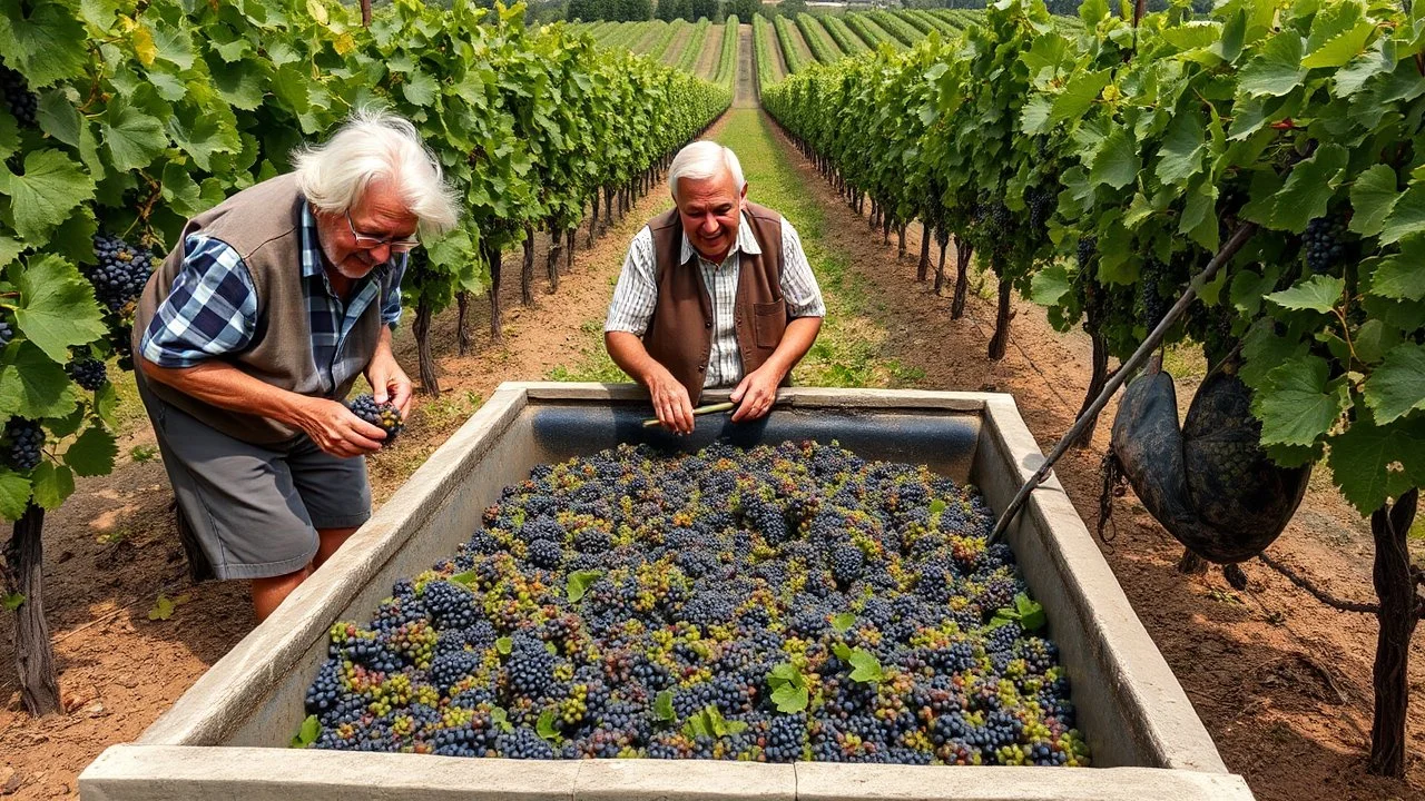 Elderly pensioners in a vineyard treading grapes in a large trough in their bare feet as the first stage in making wine. There are acres of vines with lots of ripe grapes. Everyone is happy. Photographic quality and detail, award-winning image, beautiful composition.