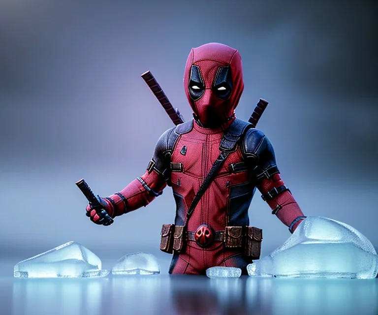 mdjrny-v4 style, Deadpool toddler covered in ice, dramatic lighting, epic photo, volumetric lighting, detailed, photo realistic, cinematic, by greg rutkowski