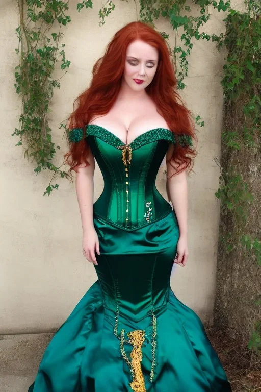 Busty princess with long auburn hair green eyes wearing a big dark teal green and gold satin ballgown corset off shoulder top at night