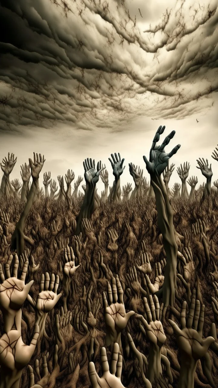 a field of thousands of hands of bodies rising up from the ground not visible, horror, hands in different shapes coming out from the ground towards the sky Busch painting style nightmare and thin line draw, a dry tree no leaves only branches