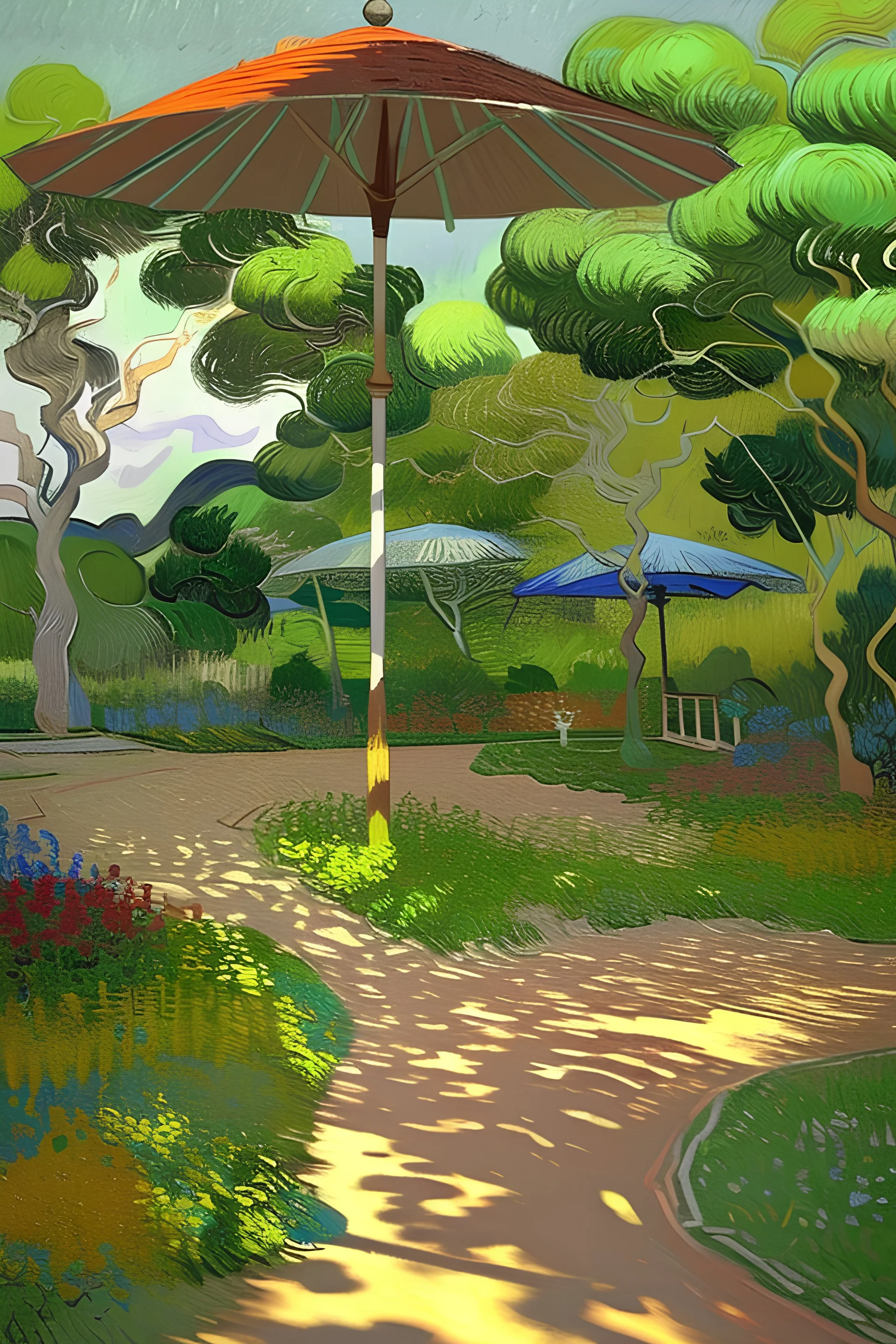 painting of a psychadeil colourful natural backyard with brick road and grass, flowers and trees, round coffee table with shade and umbrella by van gogh