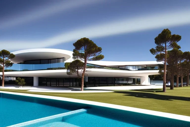 algarve in quinta do lago, one straight line building of 250 meters long pool, modernistic luxury architecture with wood and gold metallic pergolas with pool on rooftop, on a slope with pinus pinea, a road wrap around for low speed veicular road