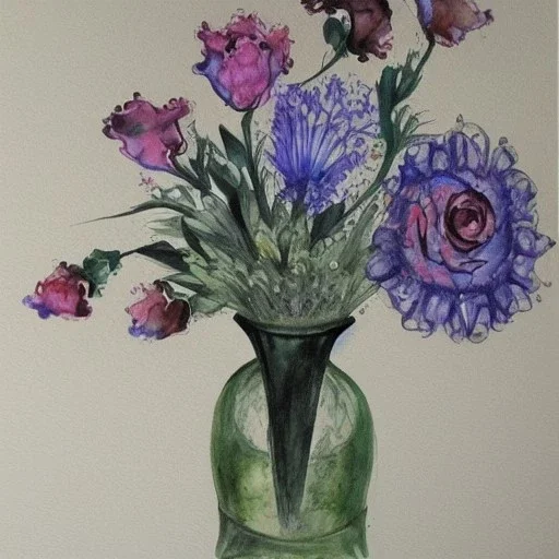 Baroque flowers in a crystal vase, black space around, void, aquarelle painting