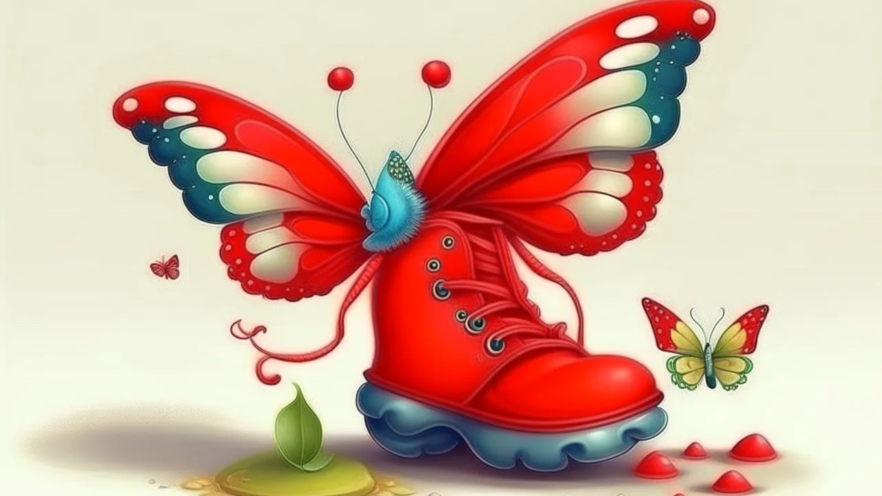 cute little butterfly is wearing red boots on his feet
