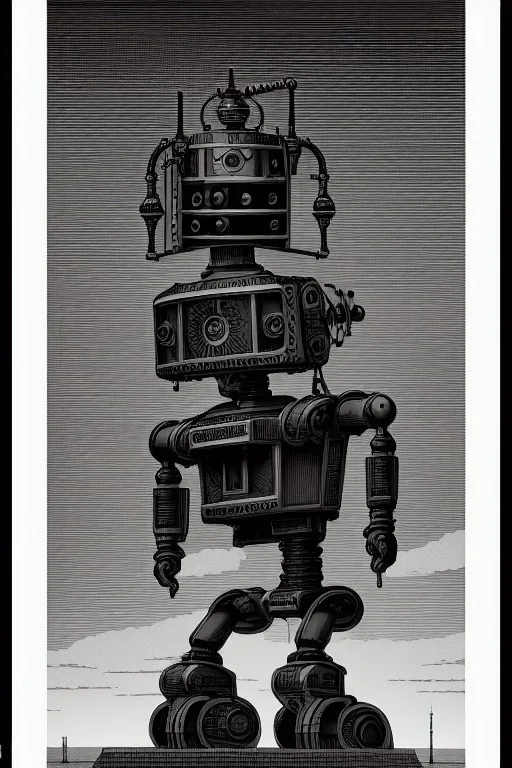 As monochrome image of a steampunk robot, by kawase hasui, moebius and edward hopper,gustave dore, colorful flat surreal design, hd, 8 k, artstation