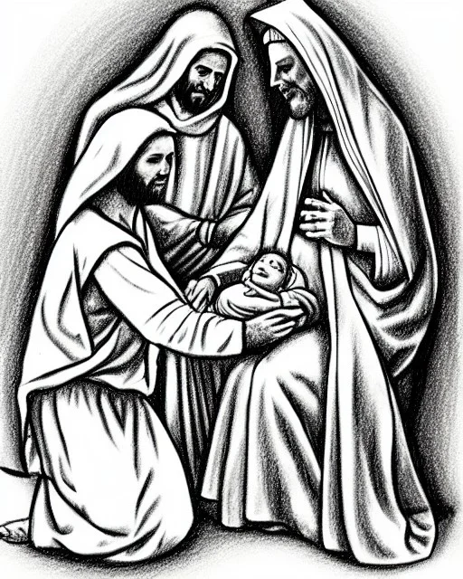 Mary Joseph jesus pencil sketch nativity scene