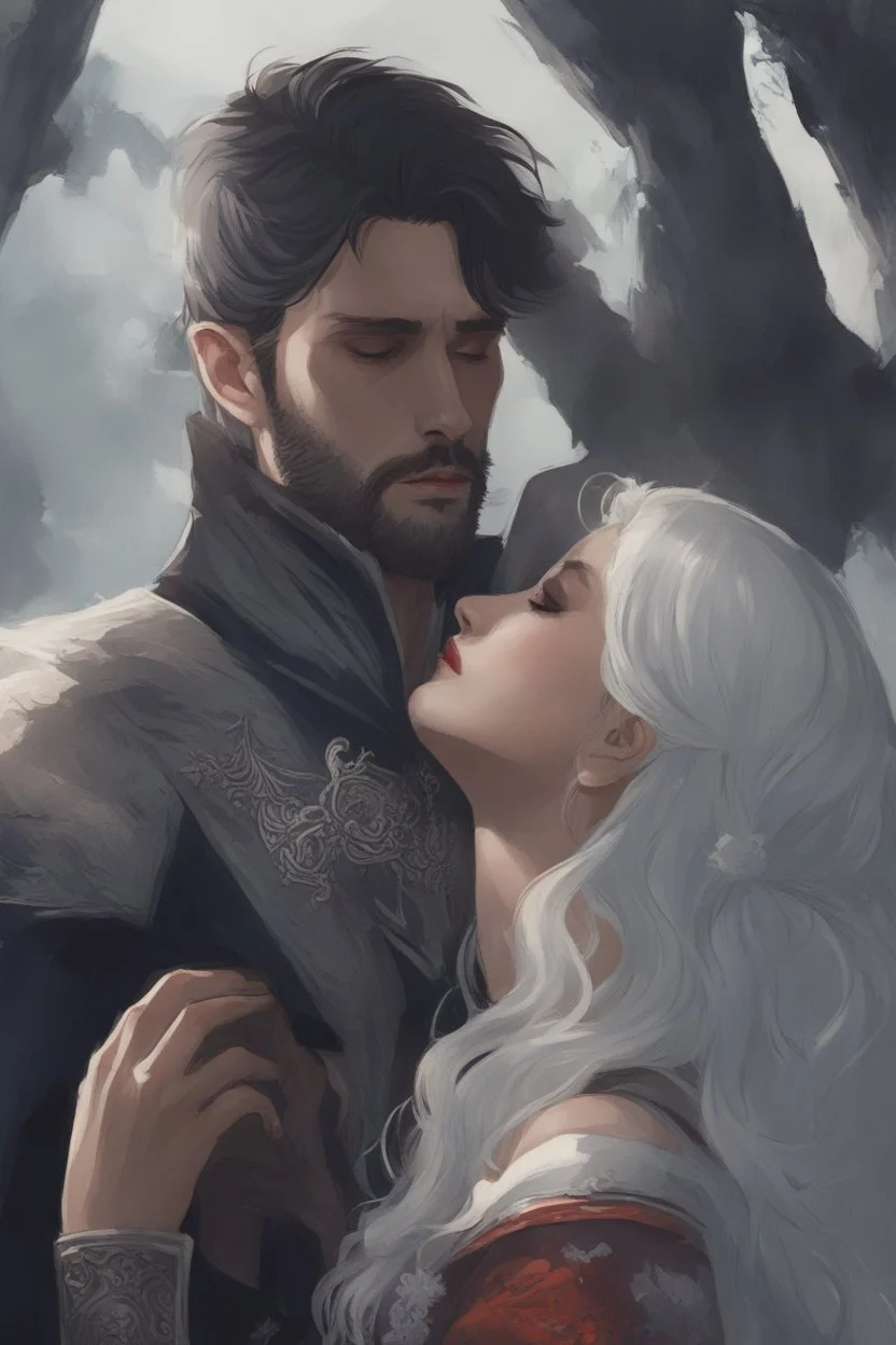 A couple from the dnd game curse of Strahd kissing. She has white hair he has long black hair.