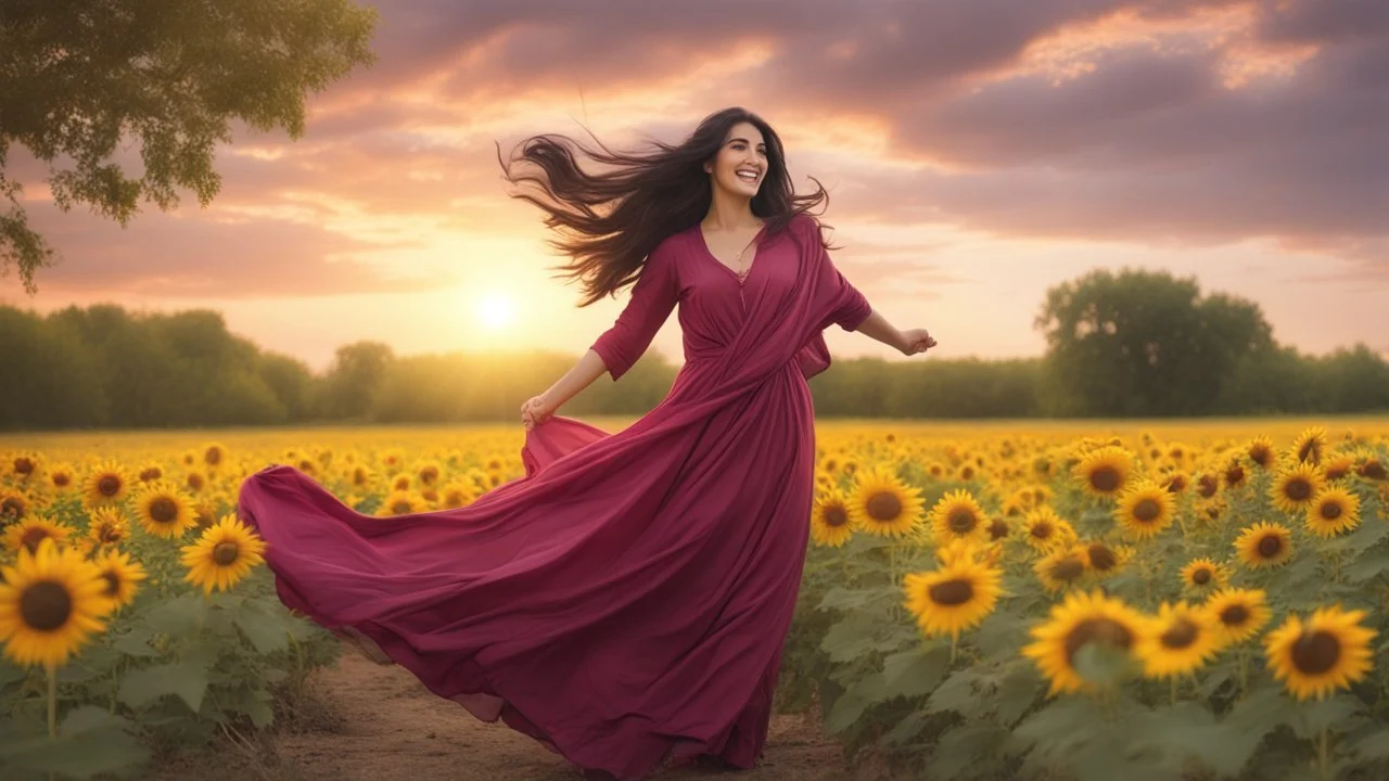 Hyper Realistic Beautiful-Young-Happy-Pashto-Woman-Smiling with beautiful-long-black-hair-&-pink-dress-with-maroon-shawl & breeze-whirling in a sunflower-field with a tree behind & cloudy-sunset showing dramatic & cinematic ambiance