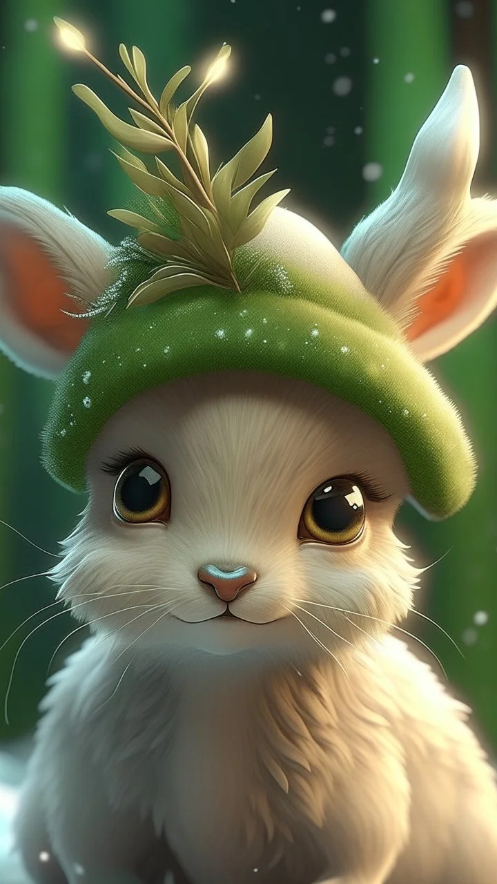 White baby deer wearing a hat covering her ears Hiding In Fluffy Thick Pine Branches, Full-Back Hood Fur, Mother Of Pearl, Caricature, Realism, Beautiful, Delicate Shades, Sweetness, Lights, Intricate, CGI, Art Botanical, Animal Art, Art Decor, Realism, 4k, Detailed Drawing, Depth Of Field, Digital Painting, Computer Graphics, Raw Foto, HDR