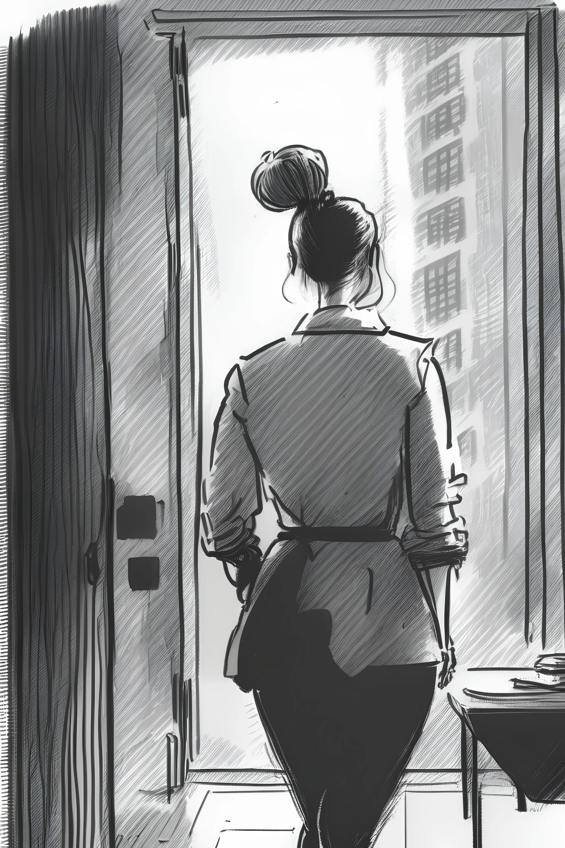 woman with a bun walking away out of someone's office with big windows sketch style