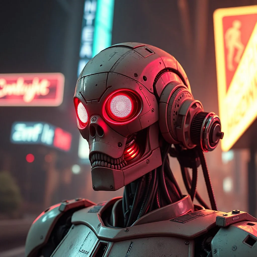 robot, dystopia, cyberpunk aesthetic, alien, neon, battered