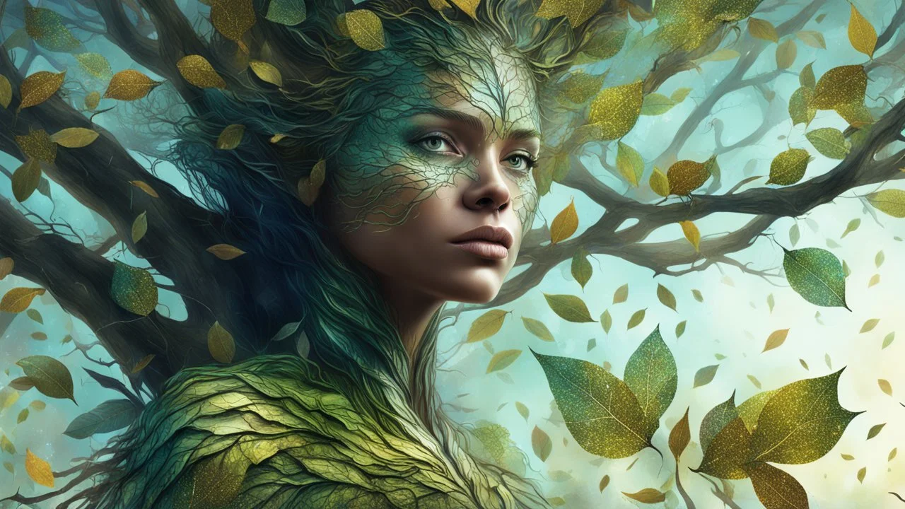 tree woman, leaves, digital painting, glitter, clear lines, detail, fine rendering, high resolution, 4K, photorealism, sharp focus, double exposure, fantasy,