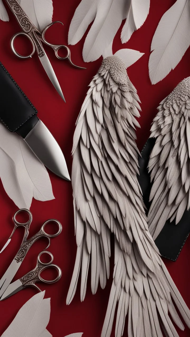 White clipped wings on a red fabric, next to scissors and black leather gloves. Cinematic image