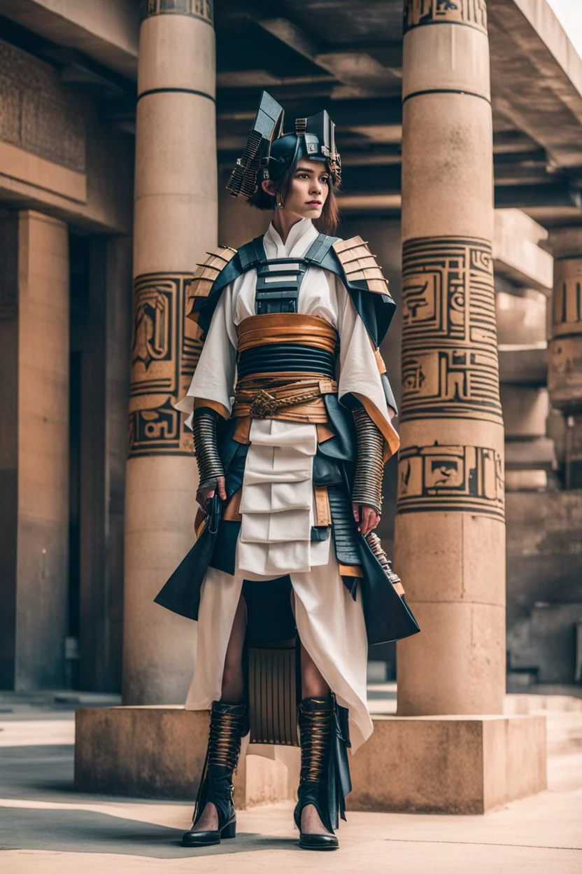 woman in retro-futurist samurai costuming standing while leaning to the side against a stone pillar of a egyptian+cyberpunk building