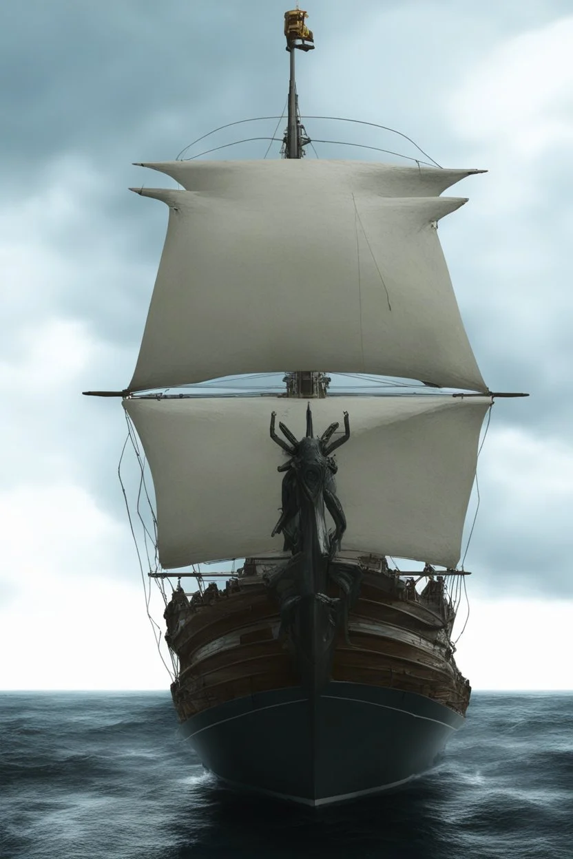 Ship front view with a Spider figurehead at night in a storm with giant waves