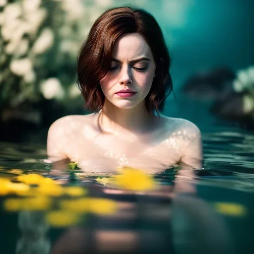 Emma Stone underwater with yellow flowers for hair, closed eyes, rtx, reflection, 8k, glow, winning photography, caustics