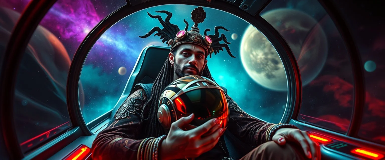 portrait of space gypsy bloodsucker space traveller in avid space craft, unearthly beauty nature dreamlike, jungle sexy one, holding his captain helmet in lap, goa trance halloween glam rock soul opera, explorer new frontier, meeting with two new races beyond our star system