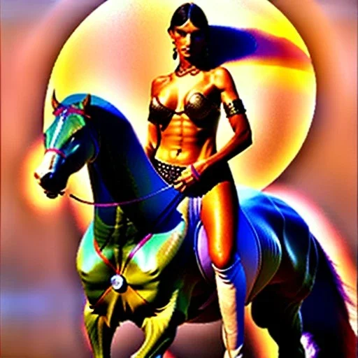 fullbody portrait of beautiful amazon woman riding a horse by Boris Vallejo 8k