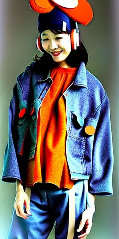 Korean, modern, beautiful woman,thick thigh, thick calves. Style futurism, 1990's, rough street style, Gamjan style.Mantle is sewed of recycled Denim and sewed together red felt pieces.Big headphones, with gold rings, is merged with small felt cap with small visor. A bag is integrated to the mantle. Patterns are composed of orange, cream, blue, lilac and purple. blue latex somewhere. It is with big bright purple felt tippet and cream-colored-hood. mantle is merged with tippet.