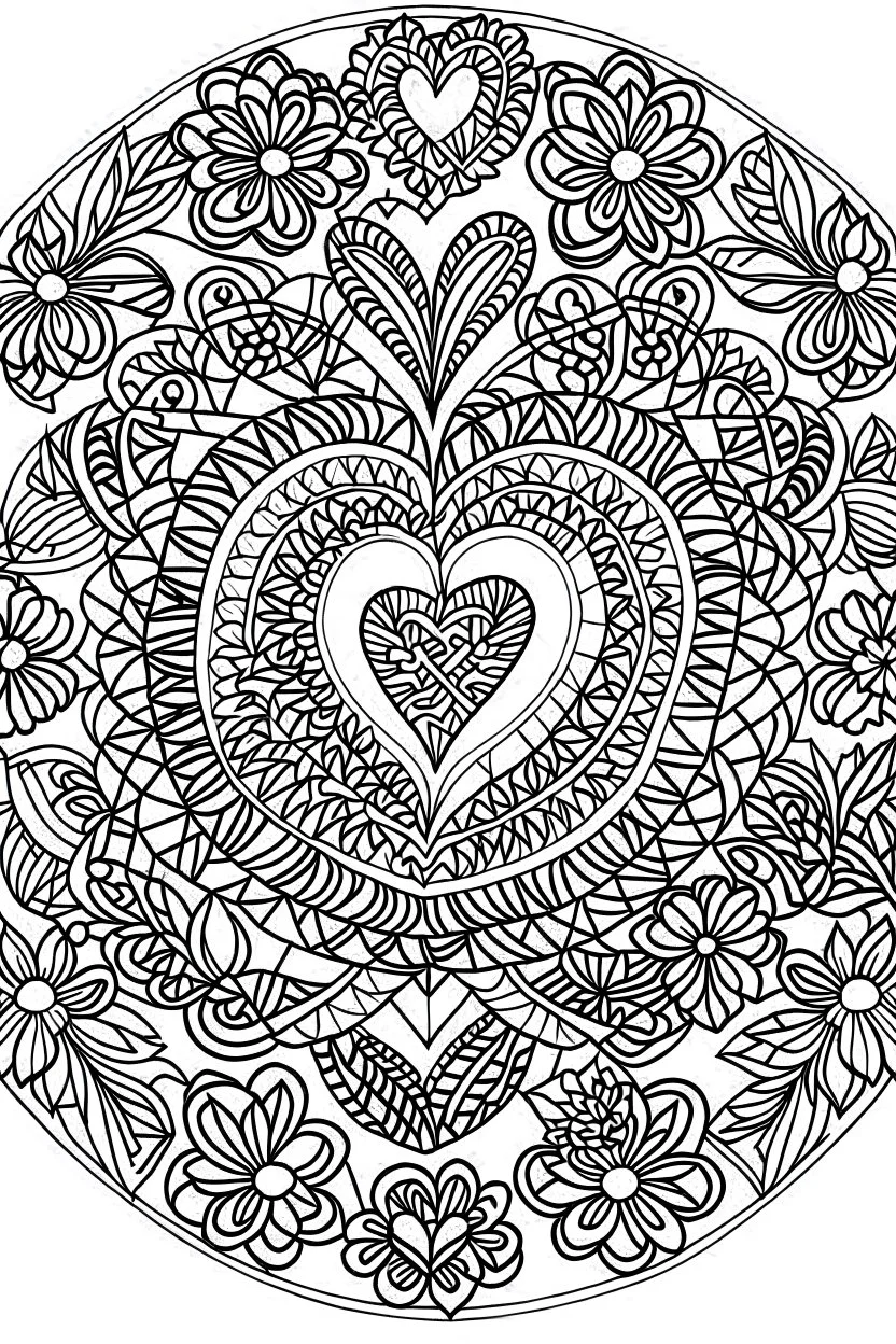 kids coloring page, mandala of flowers and hearts, cartoon style, thick lines, low detail, no shading