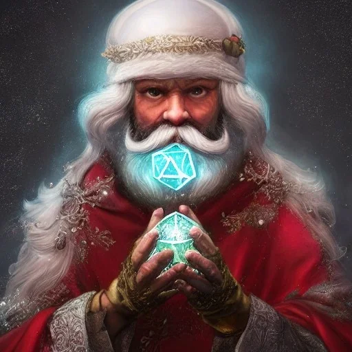 Insanely detailed photograph of an “D&D cleric santa holding glowing D20” with intricate detailed beard, intricate embroidered clothing, hyperdetailed painting by Ismail Inceoglu Huang Guangjian and Dan Witz CGSociety ZBrush Central fantasy art album cover art,8K, hdr, mysterious, ominous, snowflakes,jolly