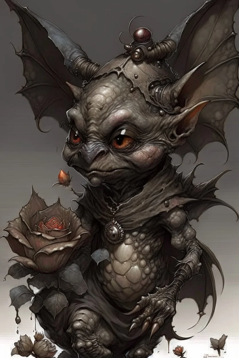 Artist Jean-Baptiste Monge style. A humanoid biomechanical Black bat-flower headed Baby with red eyes and a black dress. Modifiers: award winning crisp quality very cute