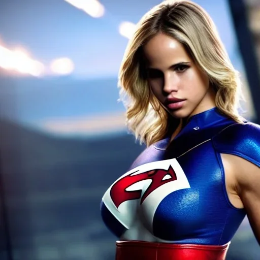 Power Girl, athletic body, big breast, DC Comics, beautiful Halston Sage Face, CRyEngine, 8K resolution, diffuse light, Hypperrealistic, full body image, High detail