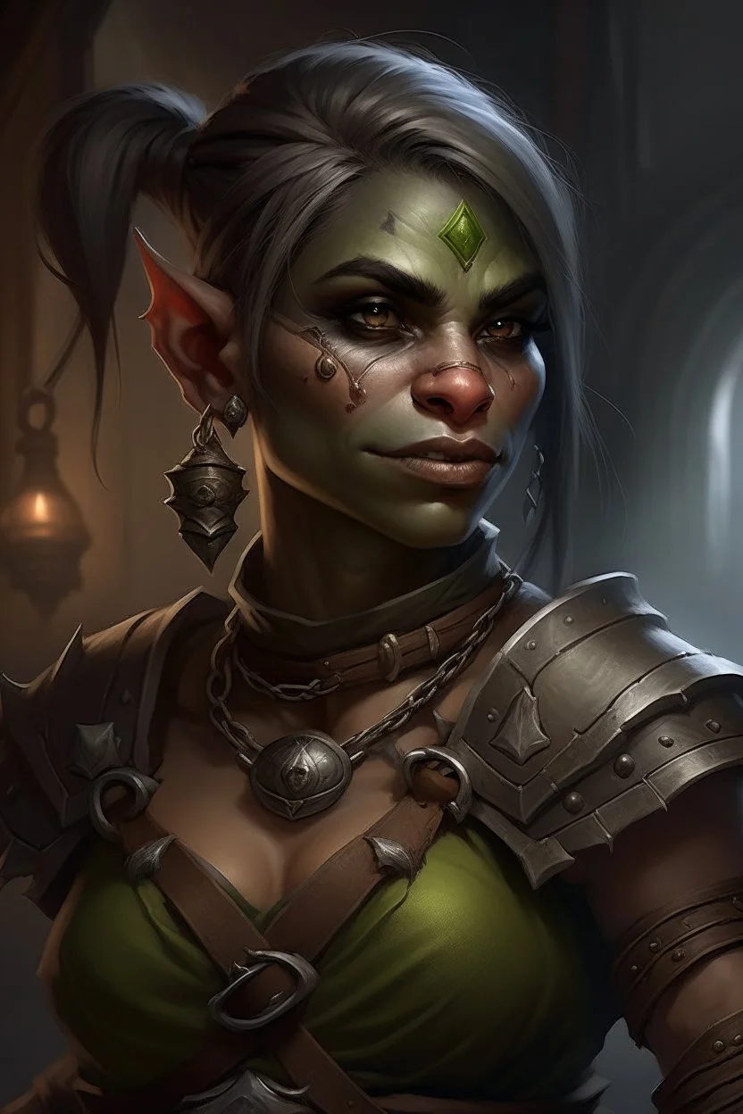 Dungeons and dragons orc woman. She has gray skin. She is kind. She is handsome. She has nice eyes. She has short hair. She is strong. She is in a tavern. She has broad shoulders. She has a large jaw. Realistic style