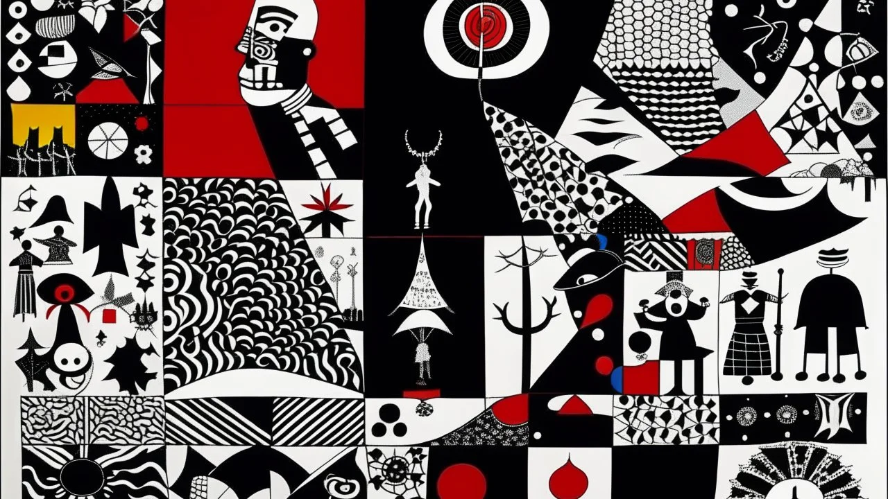 An abstract and geometric illustration by Malevich and Kuniyoshi of a black and white desert filled with symbols with an anarchist red and back flag.