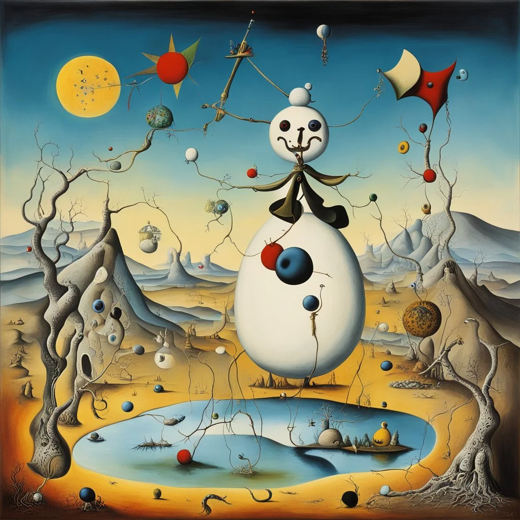 In the artistic style of Salvador Dali, enhanced surrealism, tragic snowman kingdom, by Dali and Joan Miro, dissolving textures, expansive, oil on canvas, weirdcore