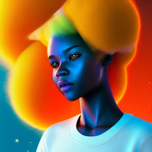 Ultra realistic photo. volumetric lighting , scientist. Young black woman, young, big smile. Joy. smiling. Afro futurism. Afro puffs. Blue hair. Ombré hair Cotton candy