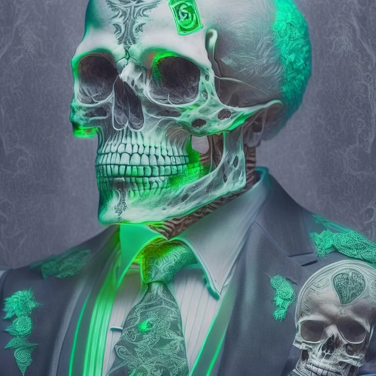 a head and shoulders portrait of a skeleton dressed in a three-piece suit as the president of the united states, based on us currency, united states one dollar bill, shades of green, real-life, colors match the united states one dollar bill, realistic, robotic,