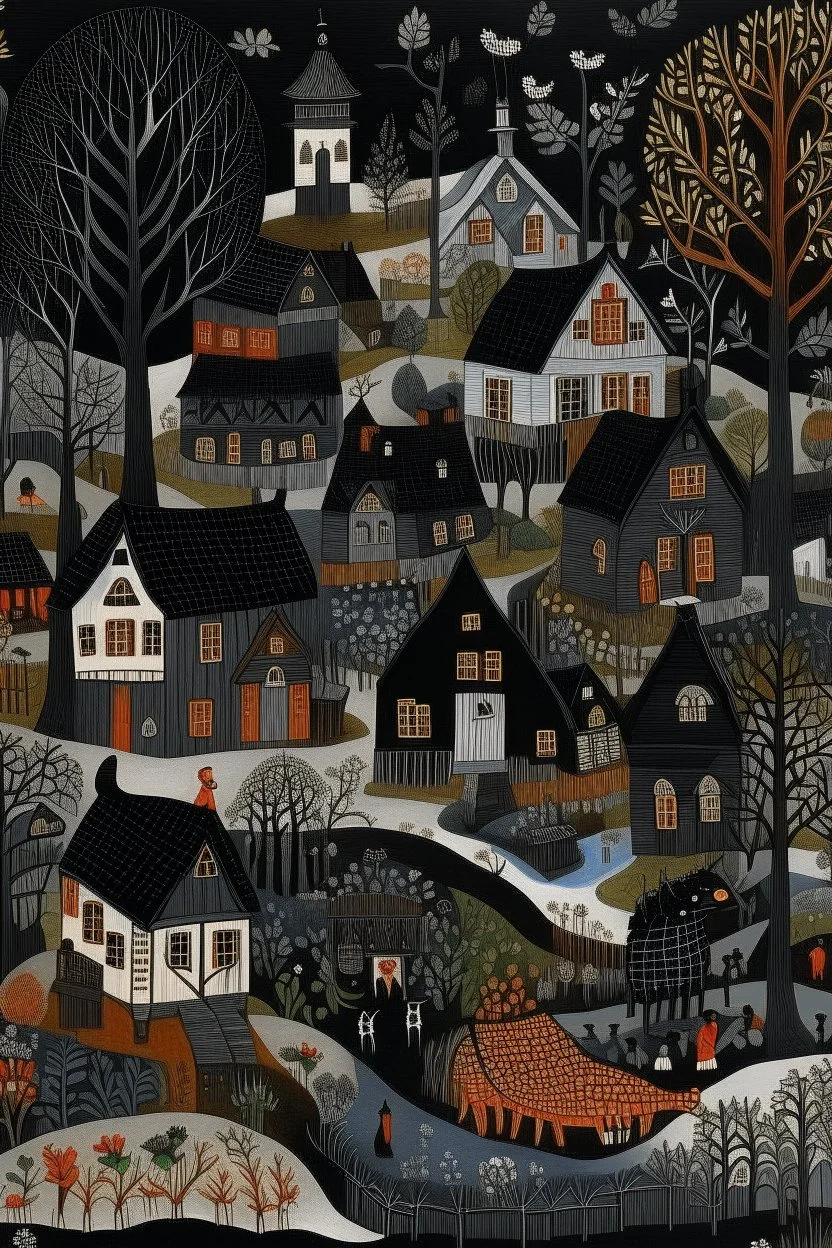 A black village in a shadow realm designed in Scandinavian folk art