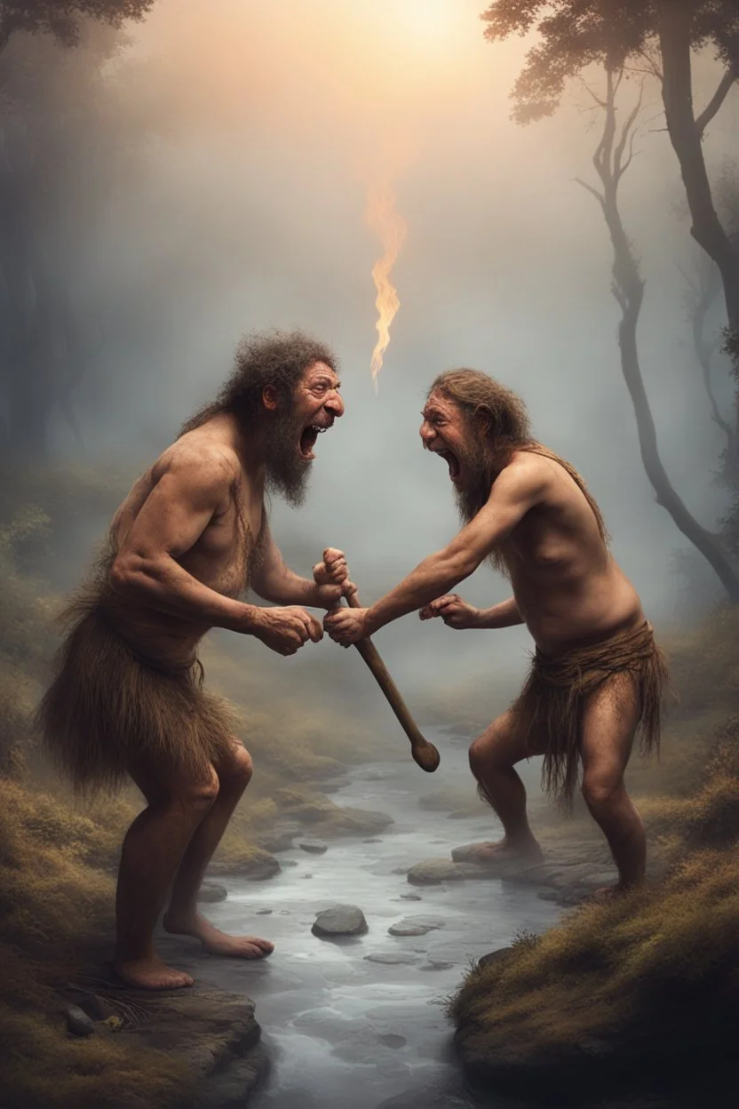 Create an image of two prehistoric human characters in an early Stone Age setting, surrounded by a dusky, misty environment suggestive of early morning. One character is bending over, inadvertently creating a stream of fire from their posterior, a humorous play on the discovery of fire. The other character, standing upright, is holding a primitive tool and laughing heartily at the scene. Both are wearing rough animal fur clothing. The scene is lighthearted, capturing a comedic moment between tw