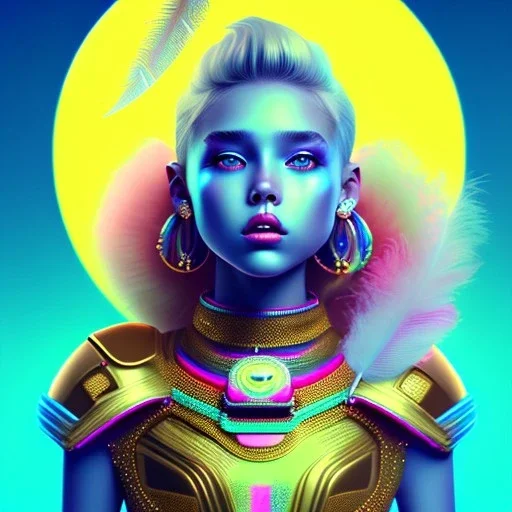 blonde woman teenager, gold teeth, purpurin, retro futuristic, feather dress, gradient color, BLUE, PINK, CYAN, neon, insanely detailed, 16k resolution, perfect eyes, cinematic smooth, intricate detail