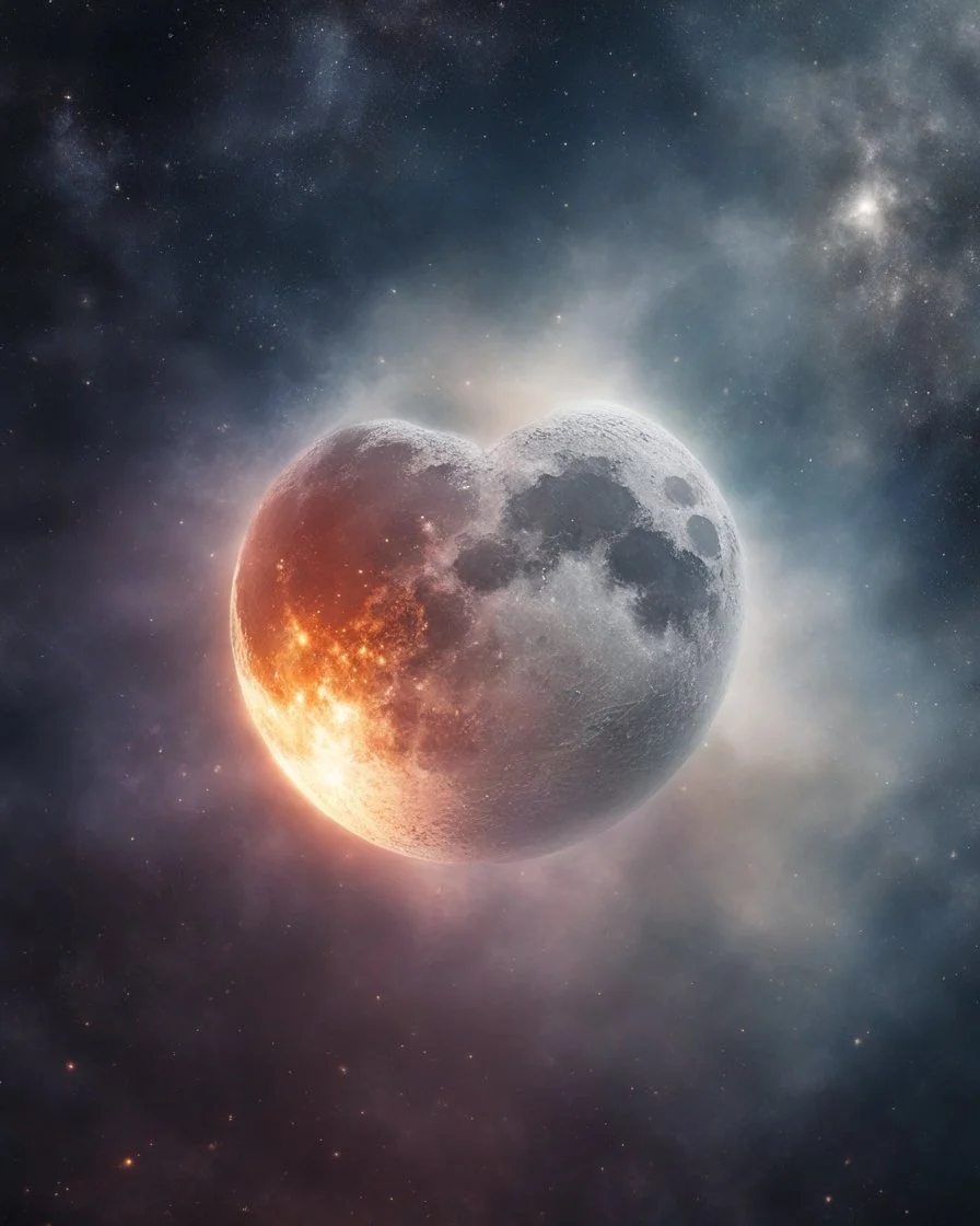 Moon, biological heart, cinematic, {abstract}, depression, space background, atmospheric, fire, DLSR, soft focus, dispersion