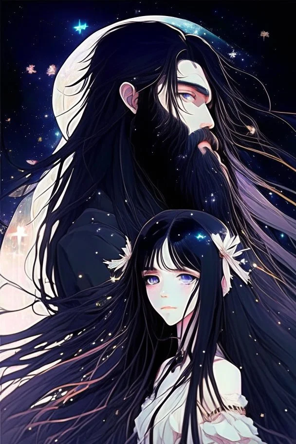 Celestial anime girl, long black hair, with bearded man