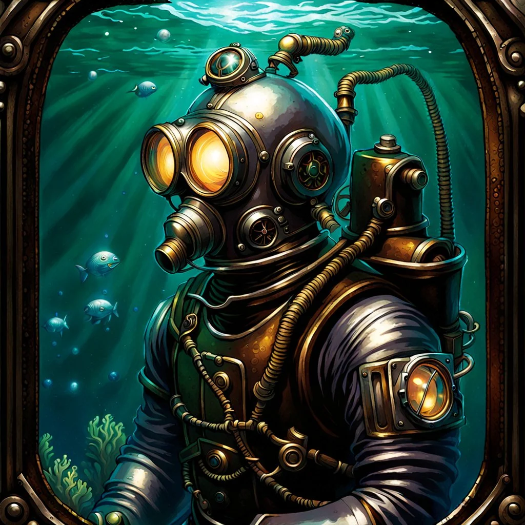 90's tcg art silver steampunk male diver with glowing helmet underwater