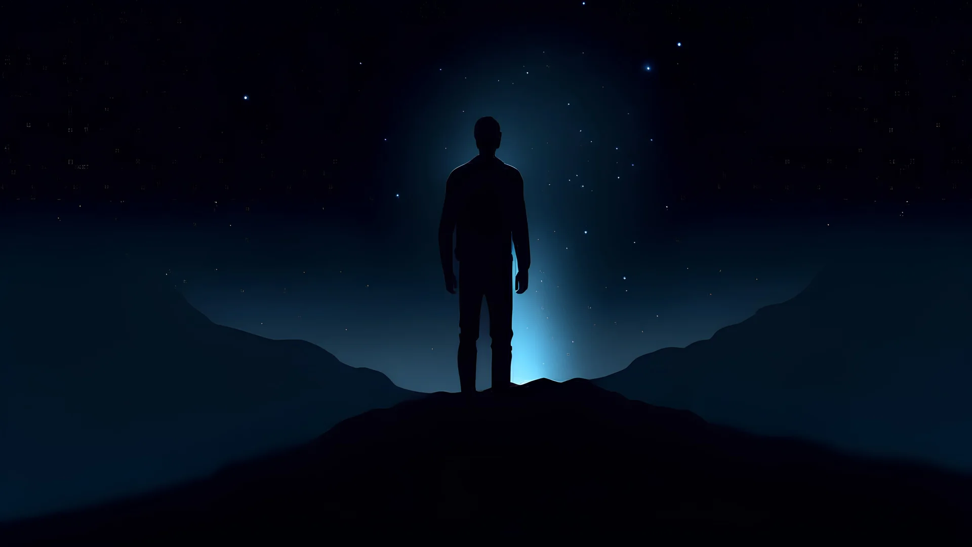 a medium quality illustration of a tall, dark silhouette of a person ((standing before the astral abyss)), surreal, dream-like, mystical, cosmic vibes, ethereal, mysterious, fantasy art, digital painting, backlit, silhouette art, moonlit scene, minimalistic, high contrast, evening sky, vastness of space, contemplation, human figure, surrealism, celestial, unknown dimensions, infinite universe, journey into the unknown