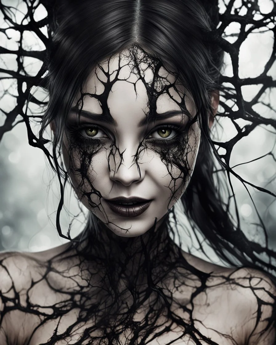 A girl her body began to undergo unimaginable transformations. The malice in her smile intensified and her eyes took on a sinister gleam. Her skin turned translucent, revealing a network of black veins that extended like roots beneath her epidermis.