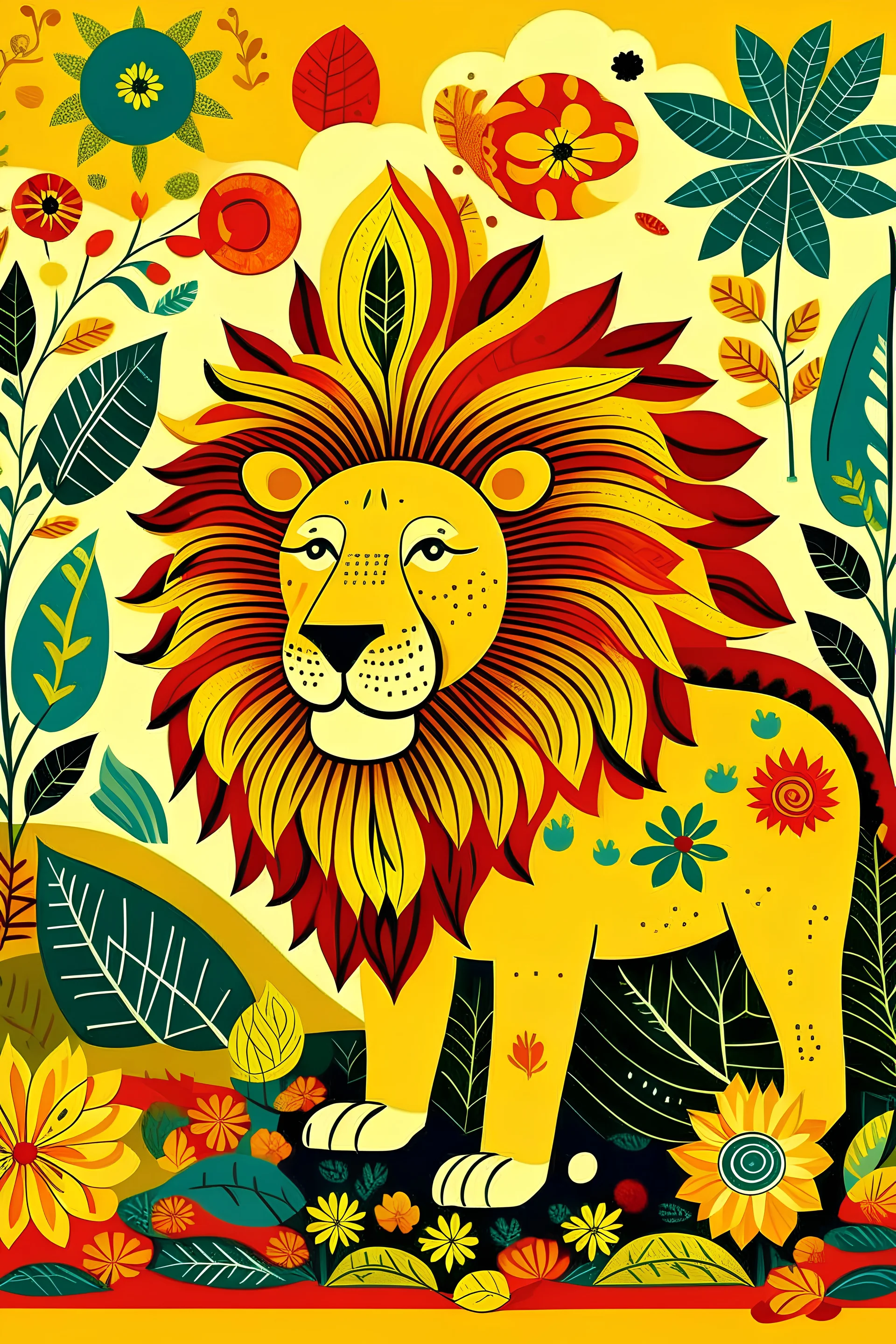 Create a vector art of gond art forest bliss with Madhya Pradesh lion with a sun and dense foliage of banana leafs and flowers