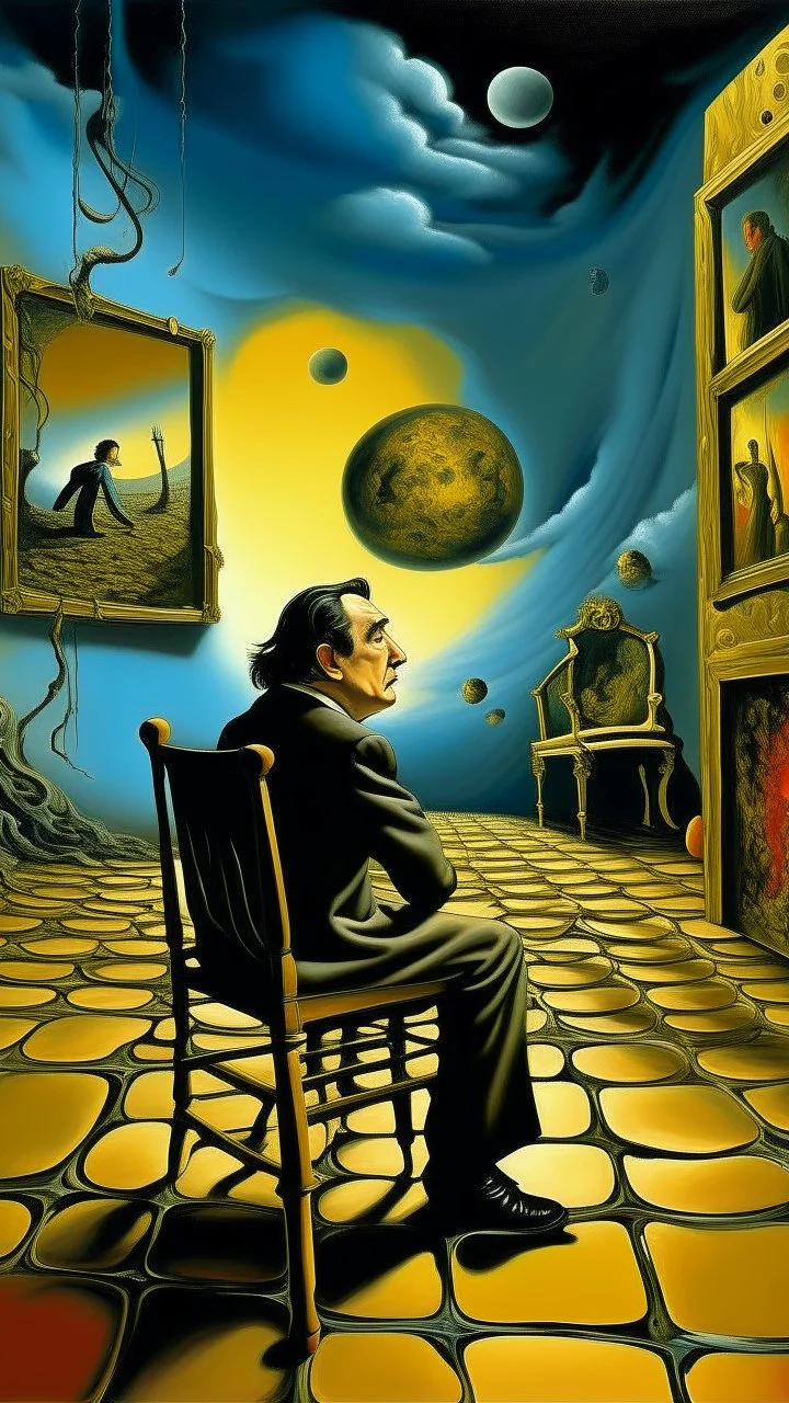 , a rear view of a man sitting on a wheelchair facing a a surrealism picture of Salvador Dali on the wall ,