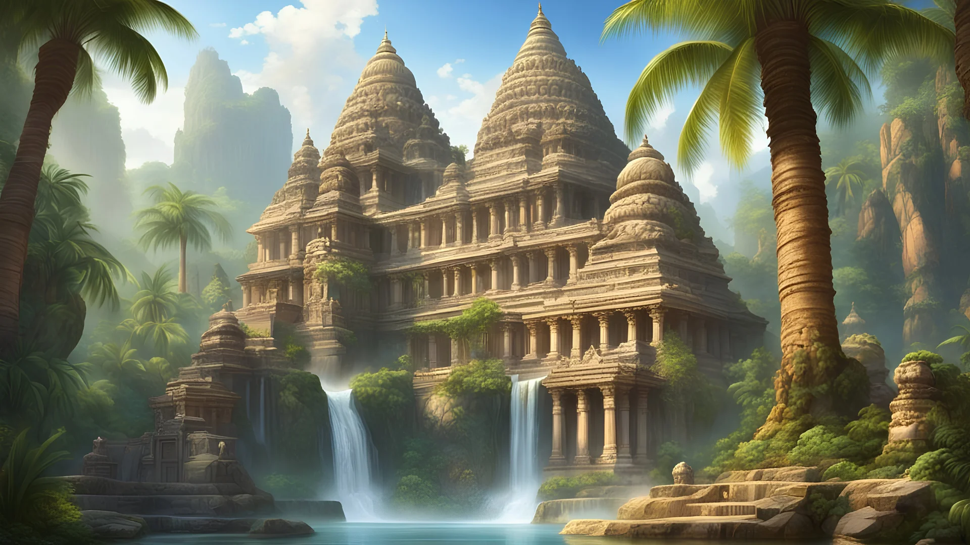 Храм индии рельефы в джунглях пальмы скалы водопад... | Gallery