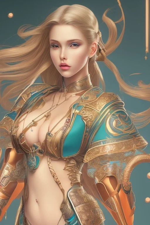 isometric clean art of super beautiful voluptuous lady, soft lighting, shin hanga high definition, blender 3d, beautiful, long hair, bismuth filigree blonde hair, skin-tight shiny orange and teal leather cropped top and miniskirt