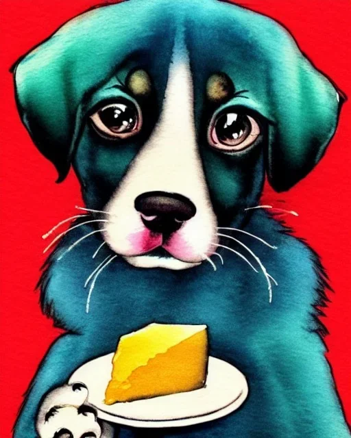 cute puppy eating cheese, art deco, romanticism, watercolor, visual novel, cheerful, furry, sleepy, rembrandt lighting, colorful lighting, blue, teal, aqua, red, purple, yellow, black, detailed, masterpiece