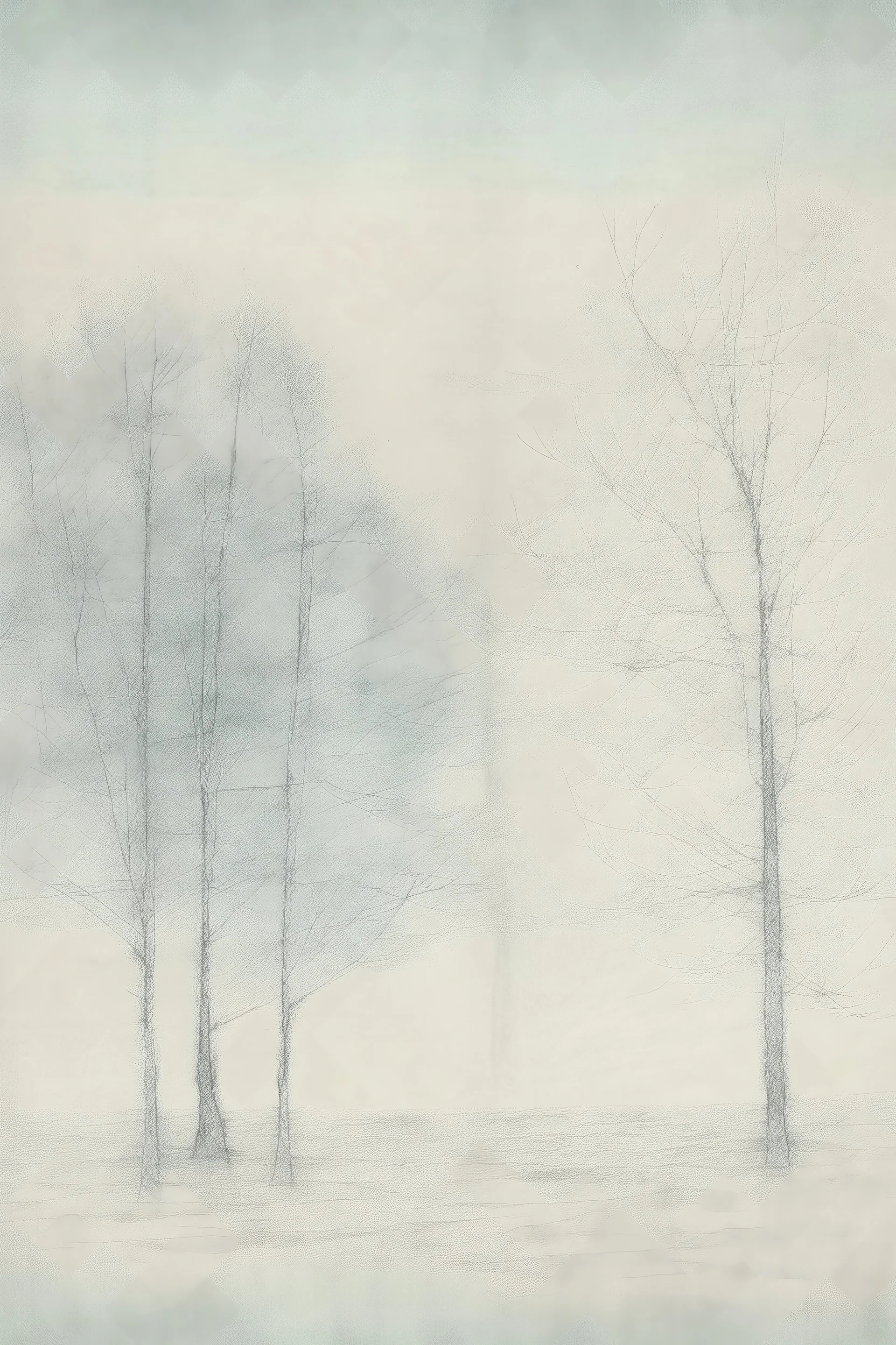 Minimalist rough abstract dusty pastel chalk drawing of oak trees in winter on a textured gesso background.