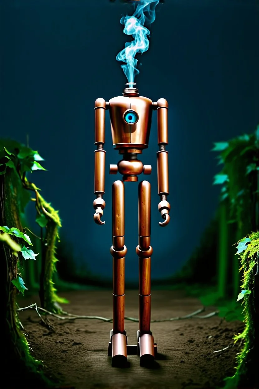COPILOT PROMPT A majestic, eight-foot-tall automaton, constructed from polished copper and oiled wood, stands in a desolate, overgrown garden. Vines and moss cling to its metallic limbs, and a single, glowing glass eye seems to observe the world with quiet contemplation. A small puff of steam escapes from a valve on its chest, giving the only sign of life. The background is the rusted, decaying façade of a grand Victorian manor, half-swallowed by the wilderness. The scene should be lit with a s